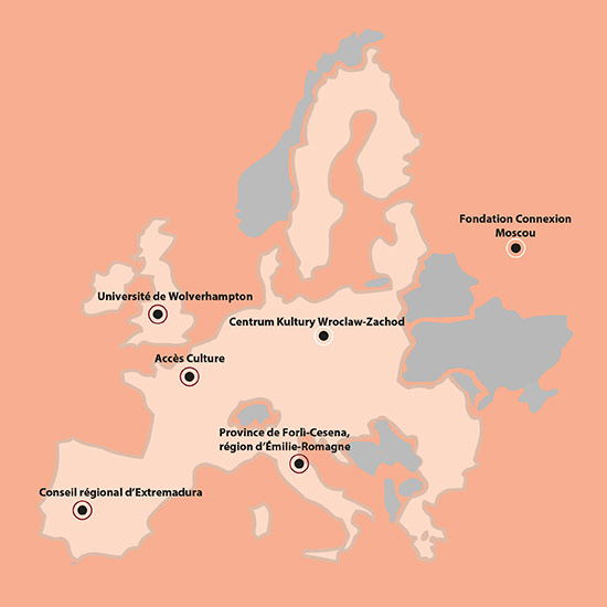 carte d'europe avec les différents partenariats entre Accès Culture et d'autres pays (Université de Wolverhampton, Conseil régional d'Extremadura, Province de Forli-Cesena, Centre culturel de Wroclaw-Zachod, Fondation Connexion à Moscou
